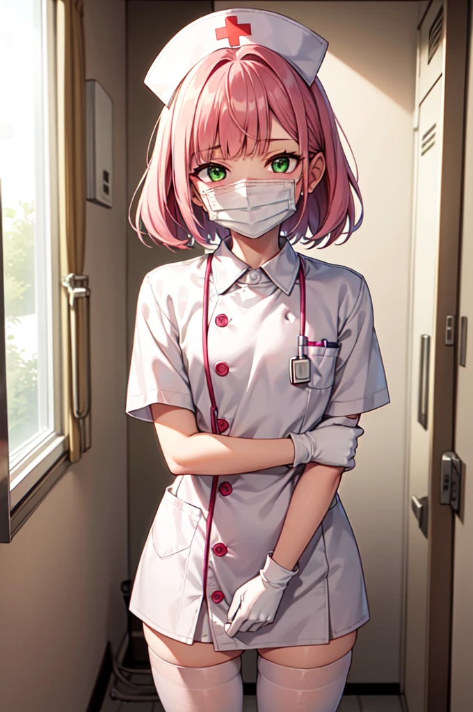 1boy, solo, male focus, nurse, white nurse cap, white nurse uniform, ((white legwear, zettai ryouiki)), white gloves, blunt bangs, pink hair, green eyes, drooping eyes, ((white surgical mask, covered nose)), standing, ((hospital room)), sharp outline, short sleeves, shota, 12 years old, best quality, masterpiece