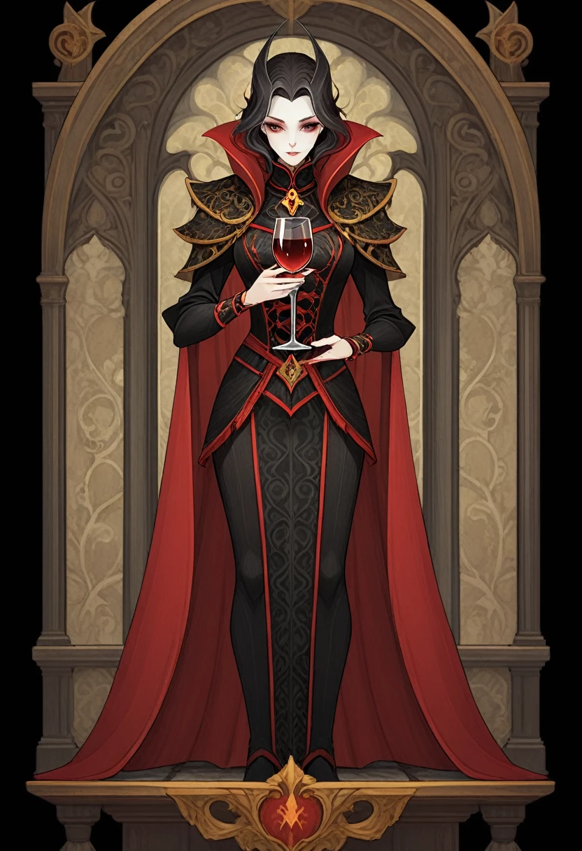 1 girl, The vampire holds a glass of wine, Medieval aristocratic costumes, Full body standing painting, (((solo))), Clear facial features, Simple line design, ((tarot card background, symmetric beauty)), perfectly symmetrical, The art of symmetry, Standing drawings of characters, ((flatcolors)), tmasterpiece，top Quority，best qualtiy，Ultra-high resolution, ((Clear facial features，beautidful eyes，beauitful face, Exquisite facial features))