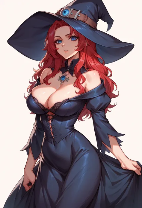 medieval theme, rias gremory, big breasts, witch, red hair, witch hat, black witch dress, great cleavage, blue eyes