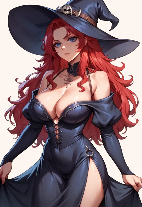 medieval theme, rias gremory, big breasts, witch, red hair, witch hat, black witch dress, great cleavage, blue eyes