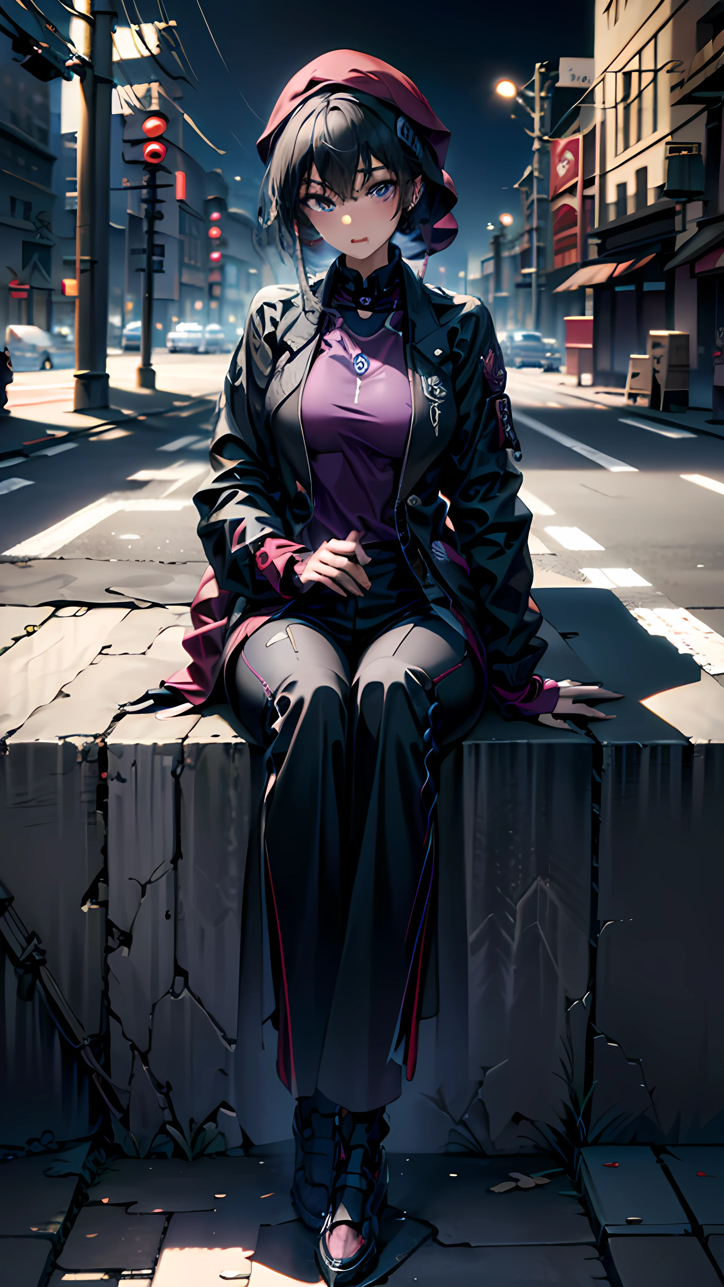 Masterpiece, Best Quality, Ultra-Detailed, 1girl, solo, purple eyes, black hair, purple tips, black cap, black jacket, futuristic jacket, open jacket, purple shirt, black pants, red shoes, black gloves, fingerless gloves, looking at the viewer, side look, sitting