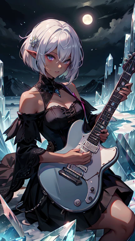 ((masterpiece )), (Top quality), (best quality), ((Extremely detailed, 8K picture quality)), aesthetics, light, (Detailed line art), 
rest,
Beautiful Gothic Dark Elves girl, Sitting on the top of a mountain, Play (Guitar), Full moon sky, dark night background, 
rest, 
absurd, Movement ratio, play Guitar pose, (原声Guitar), Cowboy shooting, Dynamic Angle, skirt, (Gothic skirt with ice crystals), (black skirt with ice crystals), - Hem skirt, High heel, Ankle boots, Lace skirt, - Hem, Bare shoulders, corset skirt, (Surrounded by ice), (Iceberg Garden),
rest, 
Very detailed ( Dark Elves), (1 Girl), Perfect face, Eye for detail, Bob Haircut, Bangs, (Hair between the eyes), White hair, Violet eyes, eyelash, Eyeshadow, pink Eyeshadow, A faint smile, Artgerm&#39;s Art of Design, By Kavasi, author：Yoshitaka Amano,
rest, 
((Perfect anatomical structure)), Good shape, Medium breasts, Extremely delicate fingers, best hands, Perfect face, Pretty Face, beautiful eyes, Perfect eyes, Perfect fingers, Correct anatomy, ((Dark Skin))