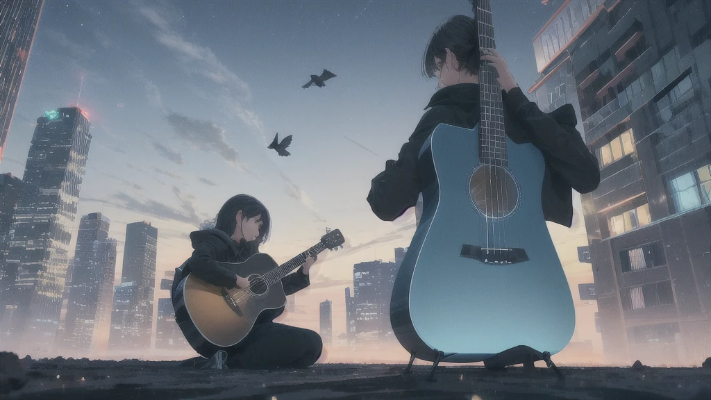 Acoustic guitar,Pitch black night sky,Octane, Star (zero), scenery, Blue parakeet,The acoustic guitar is placed in front of the body.,Star, night, Back view, Outdoor, city,Blue parakeet,building, cloud, Heavenly River,silhouette