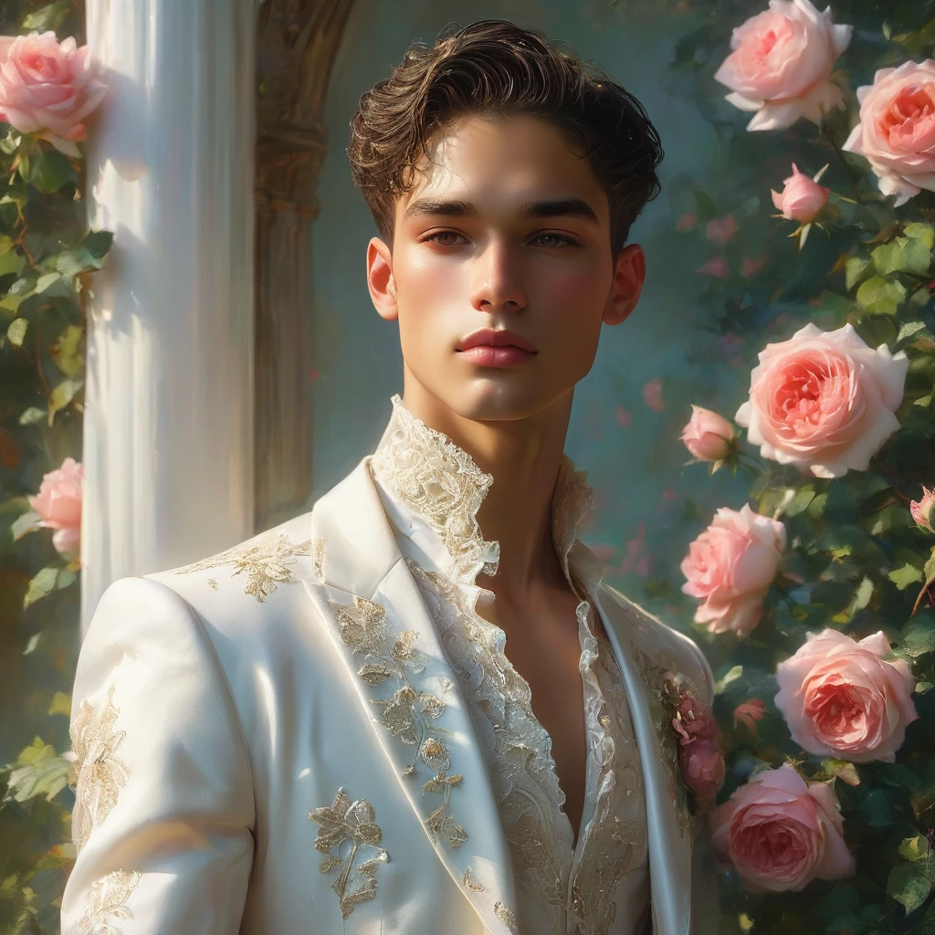 Create an image of a young man inspired by the characteristics of the rose 'The Prince, mixed race male model 27 year old, (angel face, prince eyes, lightly sweet smile), standing in a poised and regal posture, hand resting by his side, evokes a sense of deep contemplation and elegance. He is dressed in robe a deep rich velvet in dark deep purple, adorned with intricate embroidery, and layered over a naked body with sheer Jockstrap with thick cock line, semi bulge, ((bulge focus)), complemented by dark tailored trousers and polished black shoes. His clothing reflects the complex, multi-petaled structure of the rose, with detailed textures and luxurious fabrics.
The composition places the model slightly off-center, allowing for a view of a lush greenhouse garden background with glossy green leaves and hints of blooming deep-red roses, creating a natural yet sophisticated setting. Soft diffused lighting highlights the model's features and clothing, casting gentle shadows that add depth and dimension to the image. The overall atmosphere is one of quiet intensity and refined elegance, with a subtle hint of romanticism.
The photo is taken at eye level with a slight upward angle to emphasize the model's regal presence, using a medium-format camera, Canon EOS R7 and Sigma AF 85mm F1.4 EX DG HSM lens, used to achieve a shallow depth of field, ensuring the model stands out sharply against the softly blurred background.
 by photographers Thomas Synnamon known for his ability to capture elegance and refinement in fashion photography, golden hour dreamlike settings and intricate details complements the theme perfectly.