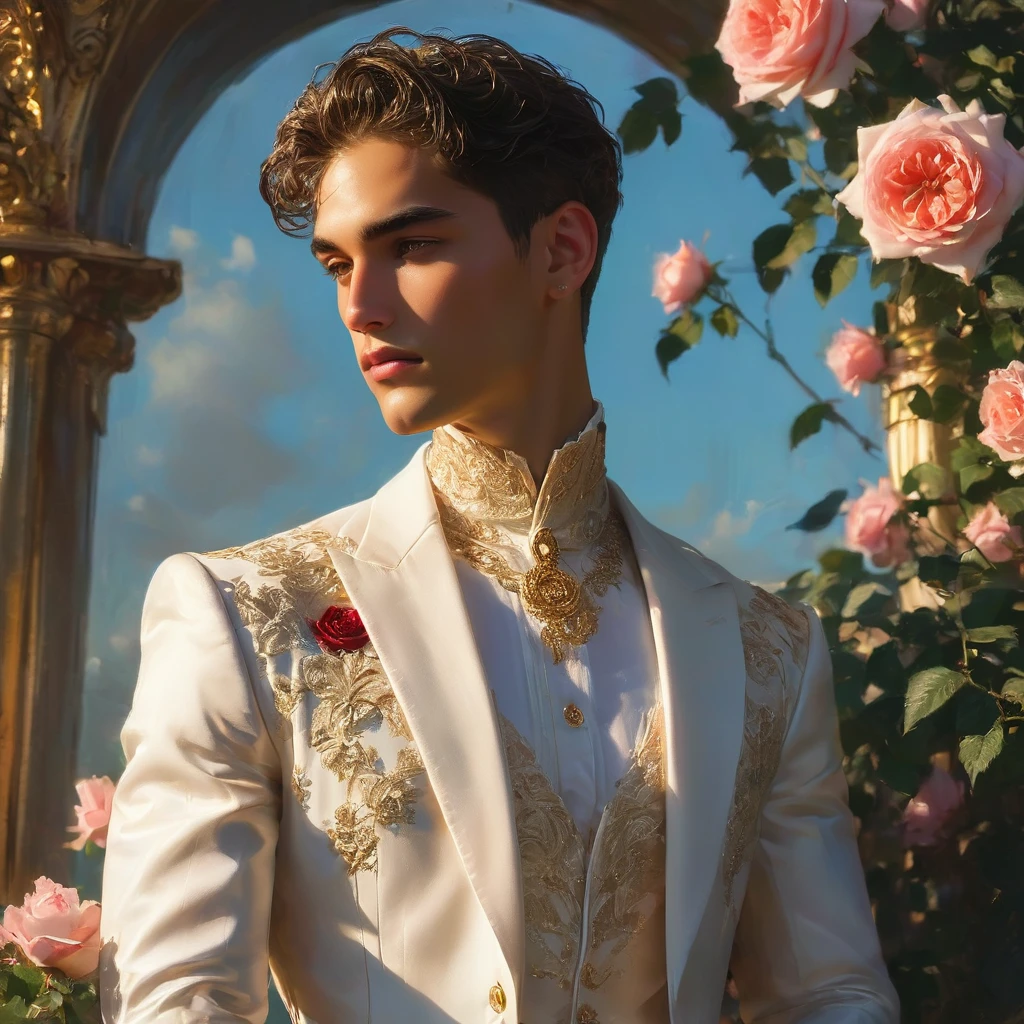 Create an image of a young man inspired by the characteristics of the rose 'The Prince, mixed race male model 27 year old, (angel face, prince eyes, lightly sweet smile), standing in a poised and regal posture, hand resting by his side, evokes a sense of deep contemplation and elegance. He is dressed in robe a deep rich velvet in dark deep purple, adorned with intricate embroidery, and layered over a naked body with sheer Jockstrap with thick cock line, semi bulge, ((bulge focus)), complemented by dark tailored trousers and polished black shoes. His clothing reflects the complex, multi-petaled structure of the rose, with detailed textures and luxurious fabrics.
The composition places the model slightly off-center, allowing for a view of a lush greenhouse garden background with glossy green leaves and hints of blooming deep-red roses, creating a natural yet sophisticated setting. Soft diffused lighting highlights the model's features and clothing, casting gentle shadows that add depth and dimension to the image. The overall atmosphere is one of quiet intensity and refined elegance, with a subtle hint of romanticism.
The photo is taken at eye level with a slight upward angle to emphasize the model's regal presence, using a medium-format camera, Canon EOS R7 and Sigma AF 85mm F1.4 EX DG HSM lens, used to achieve a shallow depth of field, ensuring the model stands out sharply against the softly blurred background.
 by photographers Thomas Synnamon known for his ability to capture elegance and refinement in fashion photography, golden hour dreamlike settings and intricate details complements the theme perfectly.