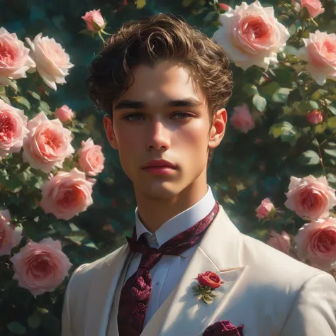 Create an image of a young man inspired by the characteristics of the rose 'The Prince, mixed race male model 27 year old, (ange...