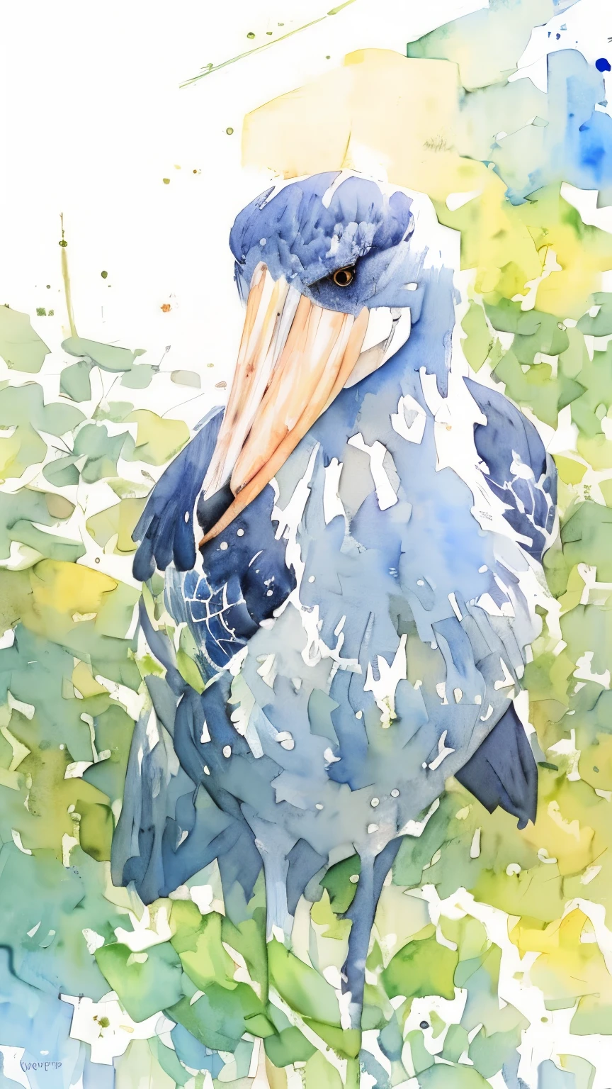 (((Watercolor、A blurred painting)))、Highest quality、Ultra-high resolution、Masterpiece:1.2、shoebill stork、Sharp Eyes、Sharpness in Targeting Prey、wetlands、Tall grassland