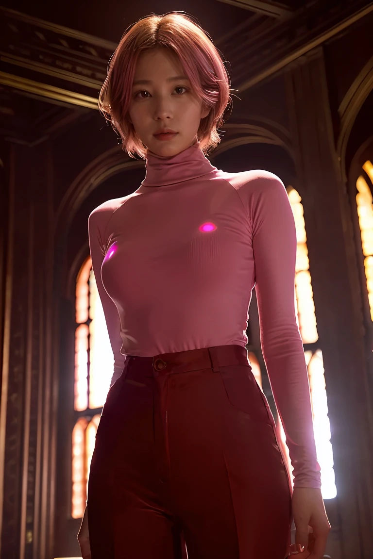 enigmatic atmosphere, atmospheric, ethereal quality,realistic,beautiful and aesthetic,, solo,groin,Pink turtleneck, brown pants,(nsfw:0.85),, Democracy,, power station,, (Glowing ambiance, enchanting radiance, luminous lighting, ethereal atmosphere, mesmerizing glow, evocative hues, captivating coloration, dramatic lighting, enchanting aura), 1girl