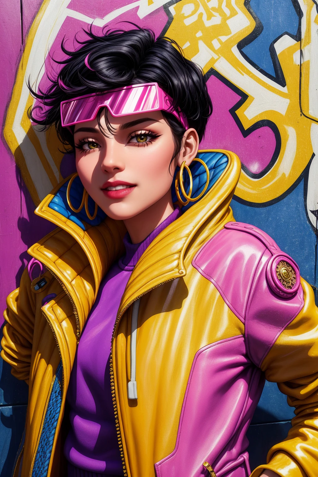 Jubilee,short black hair, brown eyes, solo, standing, upper body, smile, jubJak, open yellow jacket, purple shades on head, hoop earrings ,blue gloves, pink shirt, streets, chain fence, retro, graffiti, (insanely detailed, beautiful detailed face, masterpiece, beautiful detailed eyes, best quality)