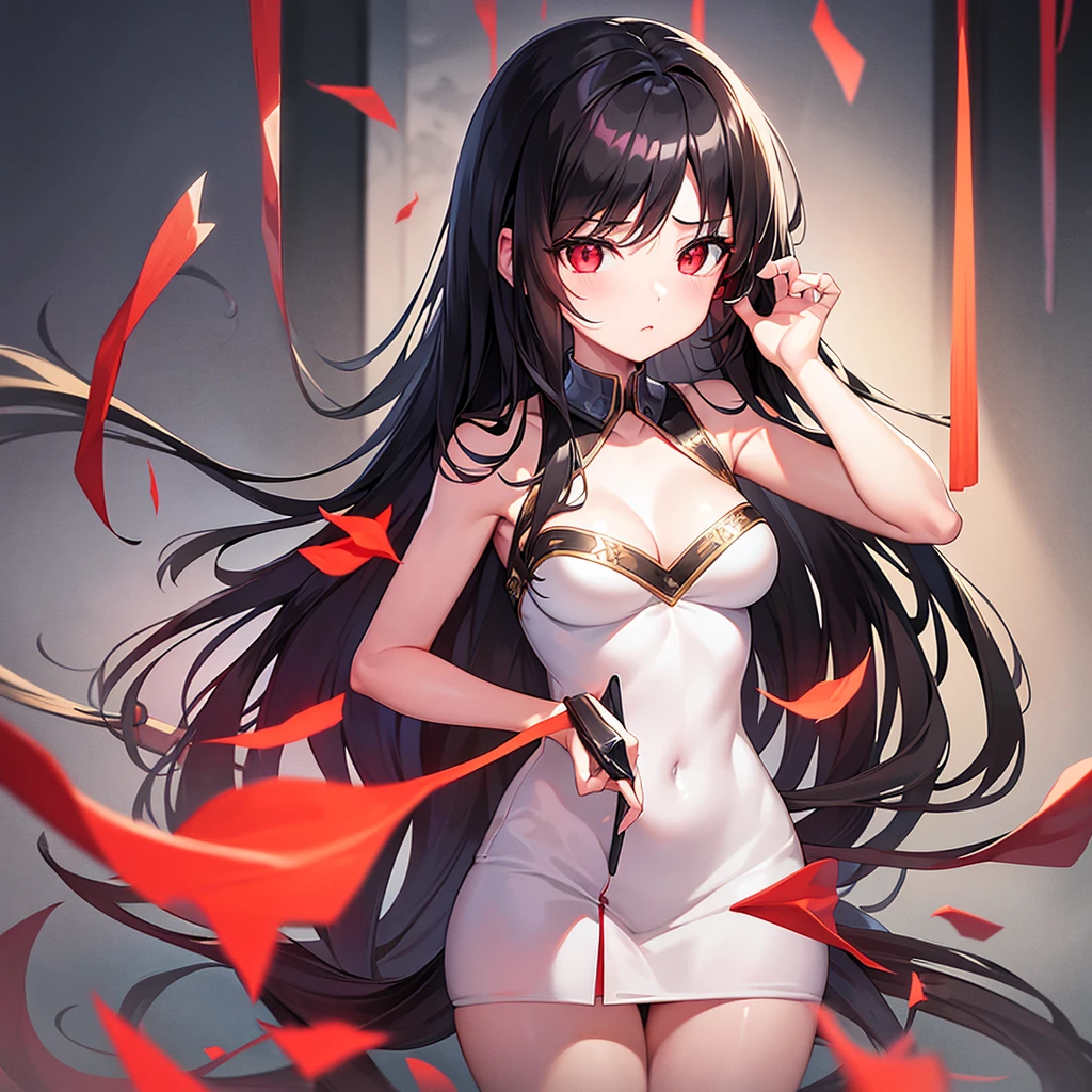 artwork, high quality, Shrinking girl, beautiful, long black hair, Red eyes, empty look, big breasts, in a giant hand (Shrunken girl un hand) in a girl&#39;s room 