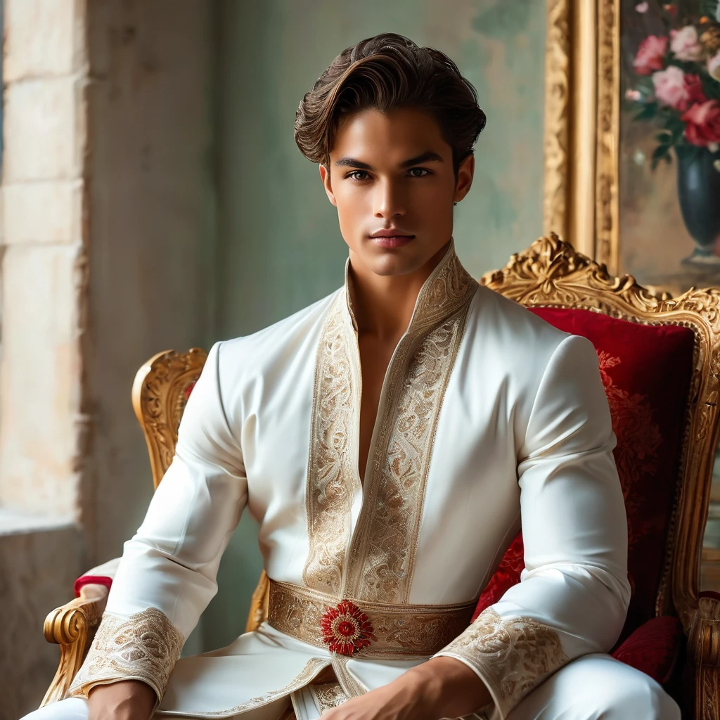 Create an image of a young man inspired by the characteristics of the rose 'The Prince, mixed race male model 27 year old, (angel face, prince eyes, lightly sweet smile), standing in a poised and regal posture, hand resting by his side, evokes a sense of deep contemplation and elegance. He is dressed in open robe a deep rich velvet in dark deep purple, adorned with intricate embroidery, and layered over a naked body, complemented by with sheer Jockstrap with thick cock line, ((bulge focus)) His clothing reflects the complex, multi-petaled structure of the rose, with detailed textures and luxurious fabrics. The composition places the model slightly off-center, allowing for a view of a lush greenhouse garden background with glossy green leaves and hints of blooming deep-red roses, creating a natural yet sophisticated setting. Soft diffused lighting highlights the model's features and clothing, casting gentle shadows that add depth and dimension to the image. The overall atmosphere is one of quiet intensity and refined elegance, with a subtle hint of romanticism. The photo is taken at eye level with a slight upward angle to emphasize the model's regal presence, using a medium-format camera, Canon EOS R7 and Sigma AF 85mm F1.4 EX DG HSM lens, used to achieve a shallow depth of field, ensuring the model stands out sharply against the softly blurred background. by photographers Thomas Synnamon known for his ability to capture elegance and refinement in fashion photography, golden hour dreamlike settings and intricate details complements the theme perfectly.