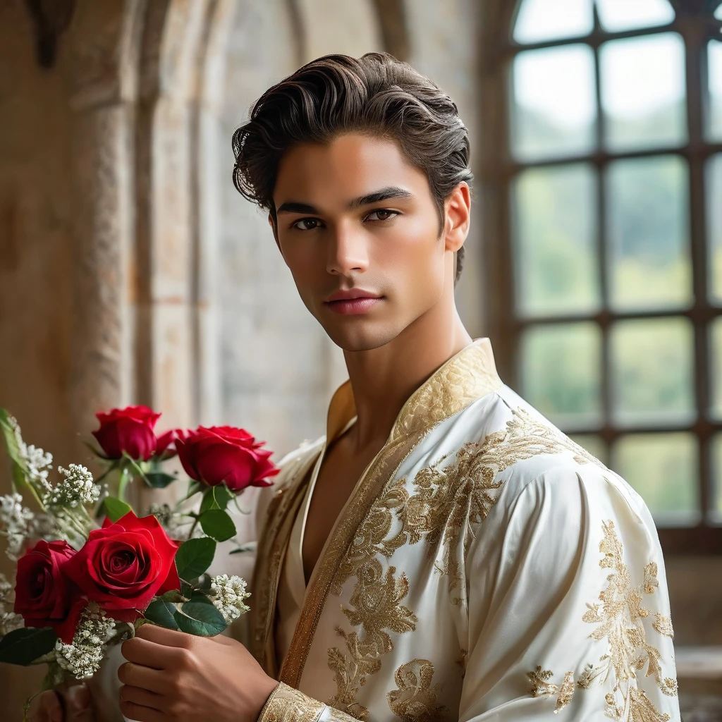 Create an image of a young man inspired by the characteristics of the rose 'The Prince, mixed race male model 27 year old, (angel face, prince eyes, lightly sweet smile), standing in a poised and regal posture, hand resting by his side, evokes a sense of deep contemplation and elegance. He is dressed in open robe a deep rich velvet in dark deep purple, adorned with intricate embroidery, and layered over a naked body, complemented by with sheer Jockstrap with thick cock line, ((bulge focus)) His clothing reflects the complex, multi-petaled structure of the rose, with detailed textures and luxurious fabrics. The composition places the model slightly off-center, allowing for a view of a lush greenhouse garden background with glossy green leaves and hints of blooming deep-red roses, creating a natural yet sophisticated setting. Soft diffused lighting highlights the model's features and clothing, casting gentle shadows that add depth and dimension to the image. The overall atmosphere is one of quiet intensity and refined elegance, with a subtle hint of romanticism. The photo is taken at eye level with a slight upward angle to emphasize the model's regal presence, using a medium-format camera, Canon EOS R7 and Sigma AF 85mm F1.4 EX DG HSM lens, used to achieve a shallow depth of field, ensuring the model stands out sharply against the softly blurred background. by photographers Thomas Synnamon known for his ability to capture elegance and refinement in fashion photography, golden hour dreamlike settings and intricate details complements the theme perfectly.