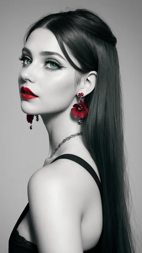 digiart style, 1girl, solo, looking at viewer, long hair, monochrome, greyscale, earrings, red lips, break, deep green eyes, pet...