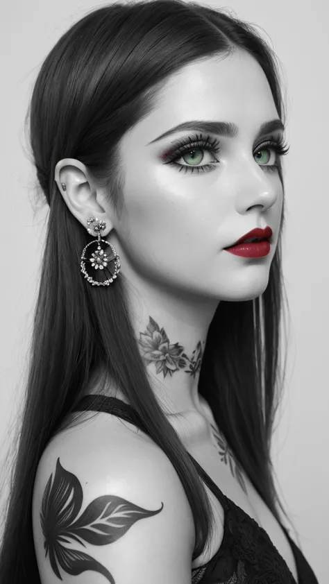 DigiArt Style, 1girl, solo, looking at viewer, long hair, monochrome, greyscale, earrings, red lips, BREAK, deep green eyes, pet...