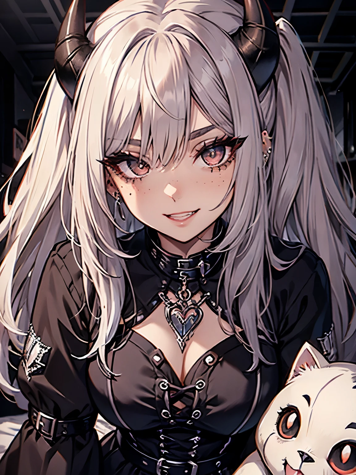 1girl, egirl, white hair, straight hair, freckles, devil horns, gothic dress, dog collar, eyeliner, mascara, eye shadow, smoky eyes, nose ring, smile, teeth, bedroom, egirl_face, septum piercing