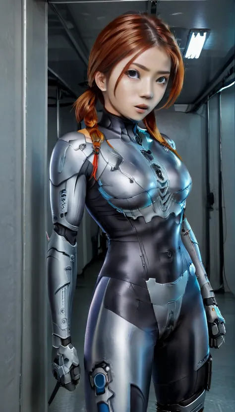 1 girl、medium bust、solo、red hair、braid、mobile race suit、shoulder armor、ceiling、wide shot、looking ahead、zipup suit 、closed mouth、...