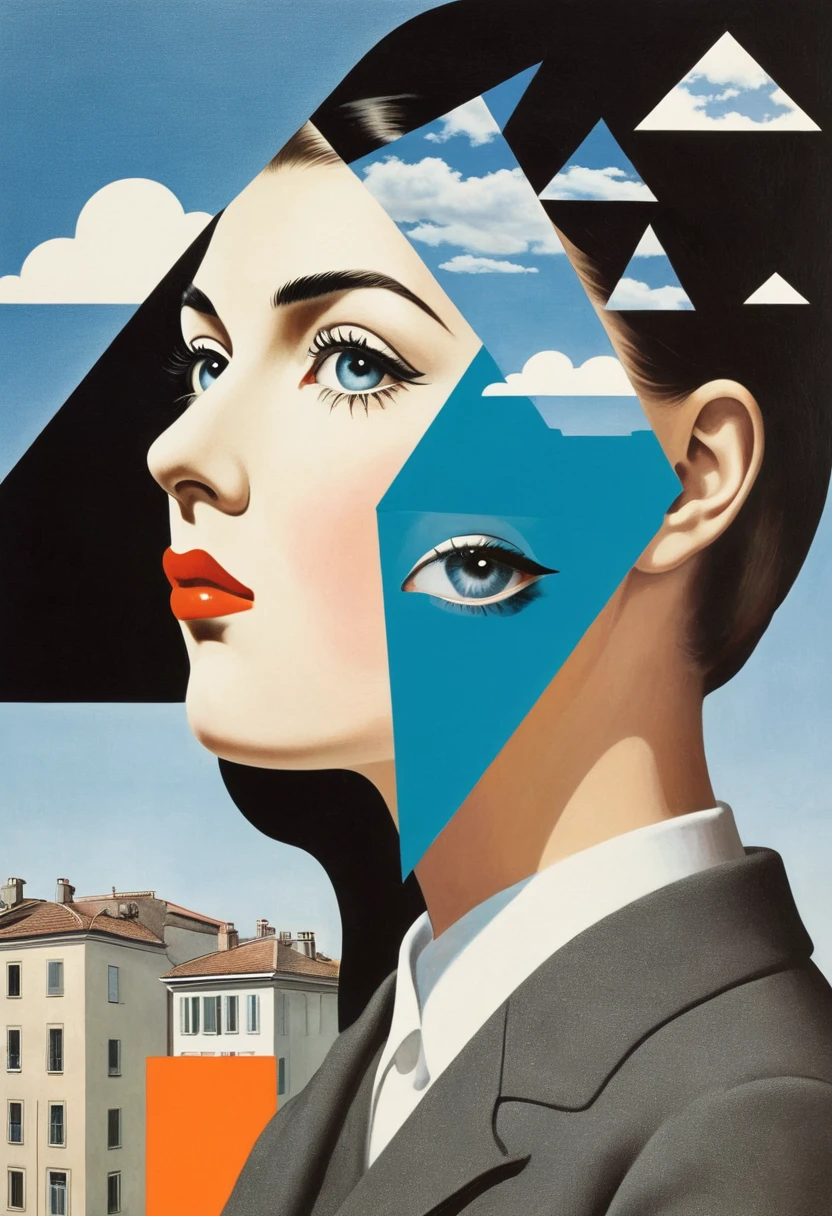 René Magritte，multi-layered collage，有一张女人脸的Collage画，There are a lot of different things on it，Geometric Dislocation，Collage，Artistic sense，Painting，paint