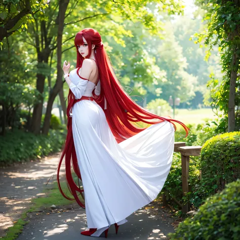 anime style girl with long red hair and white dress posing for a photo, trending on cgstation, anime girl cosplay, real life ani...