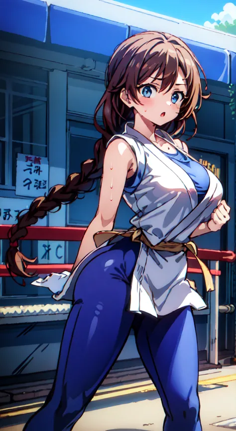 yuri sakazaki、long braids、red headband、red gloves、empty-handed、blue leggings、blue sports bra、big breasts、karate stance、fighting ...