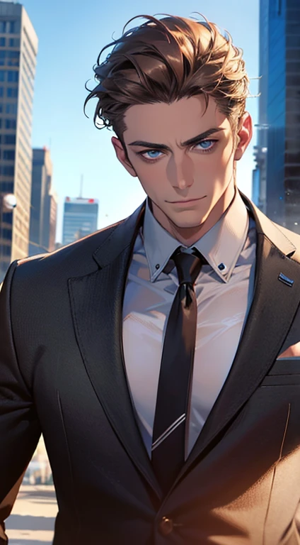 (best quality,4k,8k,highres,masterpiece:1.2),ultra-detailed,(realistic,photorealistic,photo-realistic:1.37),1 man,3,mature man,very handsome,without expression,smile,short grey brown hair,blue eyes,penetrating gaze,perfect face without errors,imposing posture,businessman,office background,cinematic lighting,hdr image