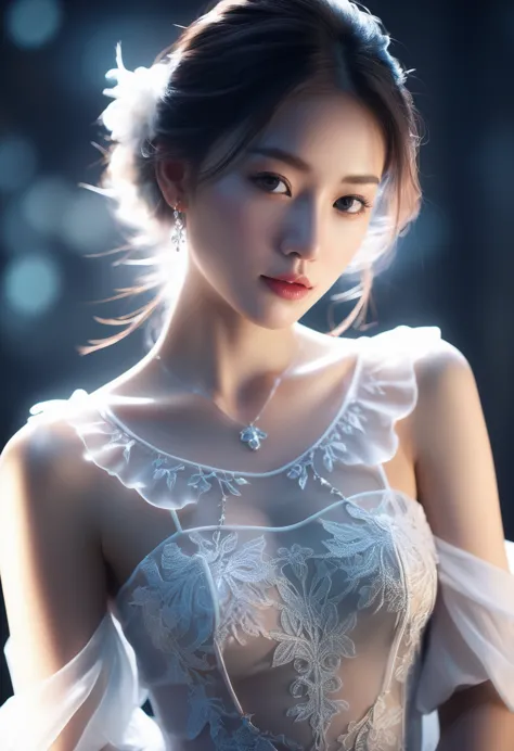 ((jewel_light element)), (translucent luminous body_wearing a white frilly blouse), (girl made of light: 1.2, long wavy hairstyl...