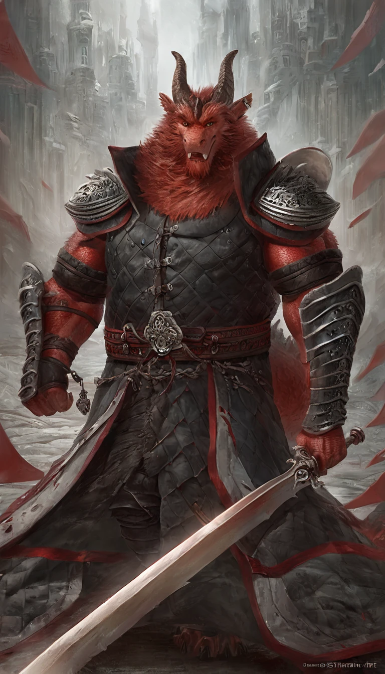 Anthropomorphic dragon boasts a "soft beefy" physique. The "soft" aspect of his physique is achieved through a meticulous distribution of muscle and fat that creates a sense of comfort and approachability. skin is a rich, deep black, with a subtle shimmer that hints at his hidden nobility. His eyes are a piercing shade of Imperial red, framed by thick eyebrows that arch over them in a constant state of curiosity. His attire, a black gambeson padded overcoat vestment with striking red salmon accents and intricate silver metal ornaments, is both functional and symbolic. The gambeson, a padded garment, is tailored to allow for a full range of motion, emphasizing his agility despite his size. The armor's design is meticulously crafted, with each detail serving a purpose. The imperial red accents trace the contours of his muscles, highlighting his physical power and determination. The silver metal ornaments are strategically placed to protect vital areas while also enhancing his aesthetic appeal. Leox's fur is predominantly black with salmon red-colored highlights. The fur on his torso and limbs is dense yet well-managed, giving him a sleek and powerful look. His chest hair is kept at a moderate length, framing his broad pectoral muscles. Large axe like fangs. Wield a slashing blade in a rapier-like's hilt. Fast Strike action pose. Taran Fiddler art Style