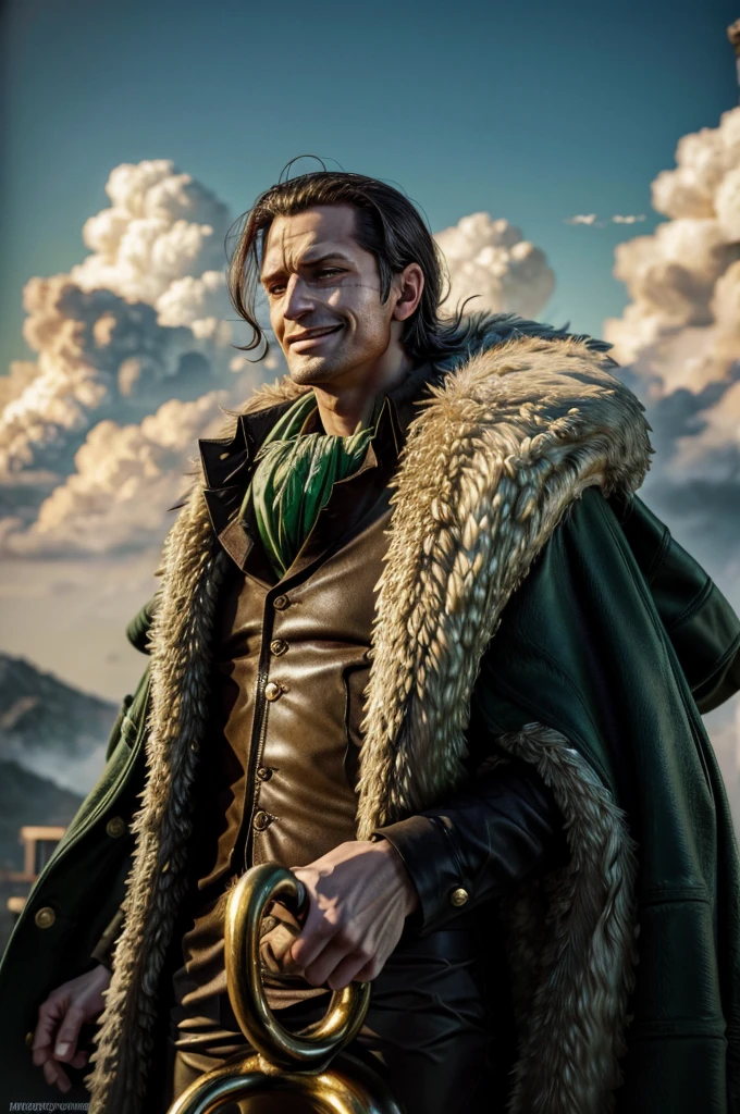 masterpiece, best quality, extremely detailed, hyperrealistic, photorealistic, a cool 40s man, ultra detailed face:1.3, fur-trimmed coat, scarf around the neck, his left hand is a golden pirate hook:1.1, sly smile, from distance:1.1, the scene of the city with a lot of white clouds, giant green vine:1.3, above the clouds:1.1, dynamic angle
