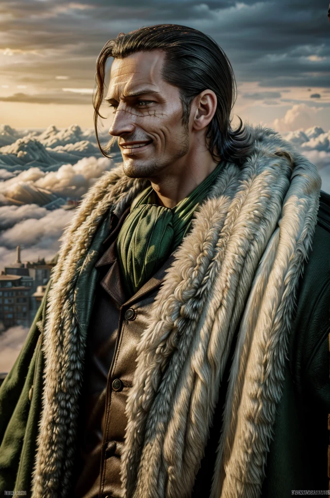 masterpiece, best quality, extremely detailed, hyperrealistic, photorealistic, a cool 40s man, ultra detailed face:1.3, fur-trimmed coat, scarf around the neck, his left hand is a golden pirate hook:1.1, sly smile, from distance:1.1, the scene of the city with a lot of white clouds, giant green vine:1.3, above the clouds:1.1, dynamic angle
