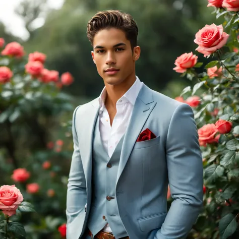 Create an image of a young man inspired by the characteristics of the rose 'The Prince, mixed race male model 27 year old, (ange...