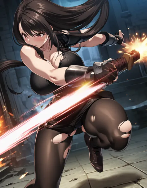 final fantasy 7 tifa lockhart　　indoor at night　sexy　wearing black pantyhose　wearing a mini skirt、wearing black clothing、big brea...