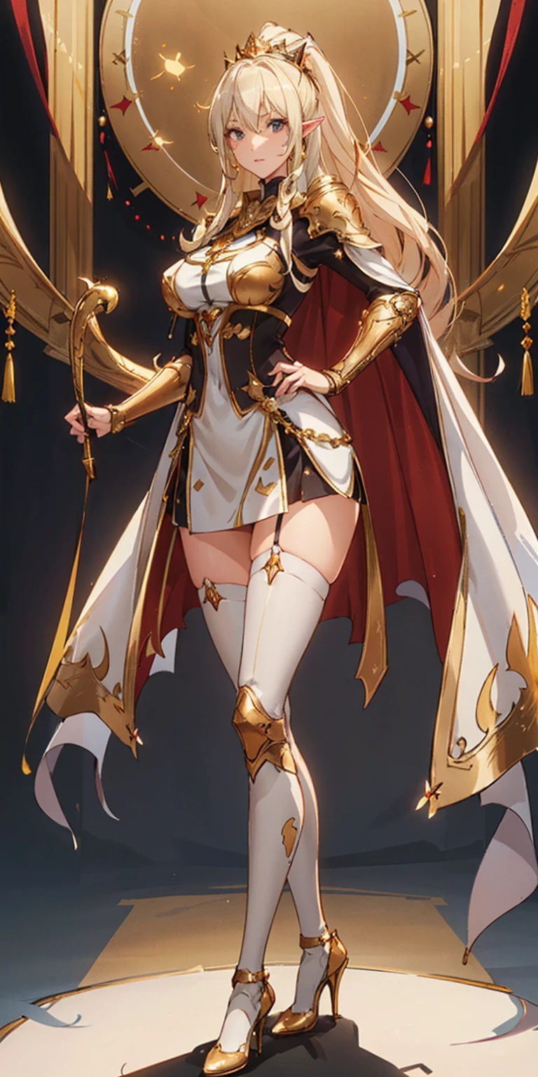 Subject:
Tall, slim-thick high elf woman
Body:
Extremely long hair in a high ponytail
Toned physique with an hourglass figure
Slender abs
Detailed face with defined cheekbones
Shadowed eyes gazing directly at the viewer
Reddened cheeks
Attire:
White thigh-high stockings
Lingerie
Golden breastplate (ornate and regal)
Golden cape (flowing and dramatic)
Golden gauntlets (emphasize strength and nobility)
Gold crown (symbol of royalty)
Shoes:
High heels
Pose:
Confident and alluring stance
Background:
(Plain background)
Style:
Masterpiece (high quality, detailed)