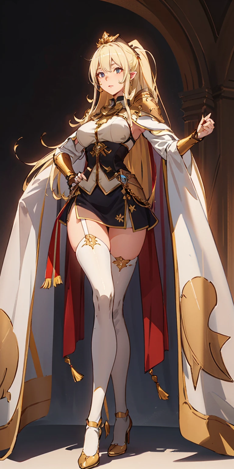 Subject:
Tall, slim-thick high elf woman
Body:
Extremely long hair in a high ponytail
Toned physique with an hourglass figure
Slender abs
Detailed face with defined cheekbones
Shadowed eyes gazing directly at the viewer
Reddened cheeks
Attire:
White thigh-high stockings
Lingerie
Golden breastplate (ornate and regal)
Golden cape (flowing and dramatic)
Golden gauntlets (emphasize strength and nobility)
Gold crown (symbol of royalty)
Shoes:
High heels
Pose:
Confident and alluring stance
Background:
(Plain background)
Style:
Masterpiece (high quality, detailed)