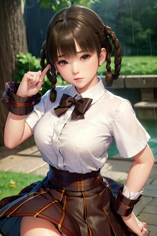 ((ultra detailed, masterpiece, absurdres)) DOALeiFang, 1girl, brown hair, brown eyes, twin braids, hair rings, portrait , steam , rain , plaid skirt , pleated skirt , Tight shirt , white Shirt , school girl , red bow , red knot ,