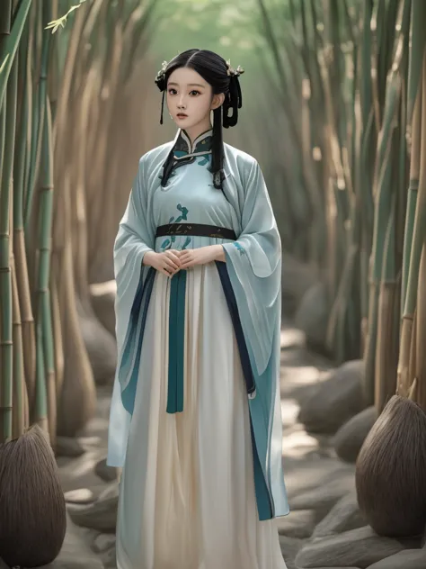 a young chinese girl wearing a stunning hanfu with delicate embroidery, standing in an ancient bamboo forest. the dappled sunlig...