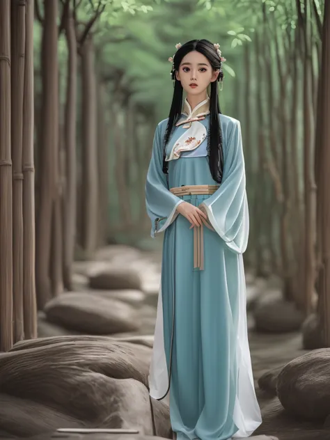 a young chinese girl wearing a stunning hanfu with delicate embroidery, standing in an ancient bamboo forest. the dappled sunlig...