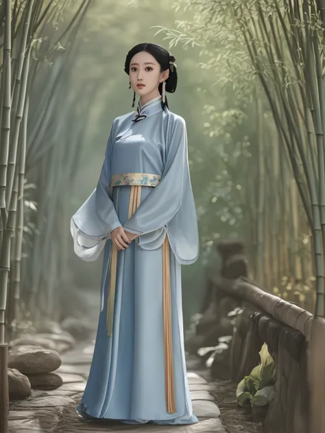 a young chinese girl wearing a stunning hanfu with delicate embroidery, standing in an ancient bamboo forest. the dappled sunlig...