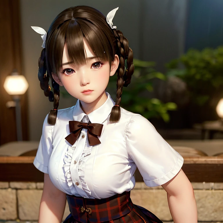 ((ultra detailed, masterpiece, absurdres)) DOALeiFang, 1girl, brown hair, brown eyes, twin braids, hair rings, portrait , steam , rain , plaid skirt , pleated skirt , Tight shirt , white Shirt , school girl , red bow , red knot ,