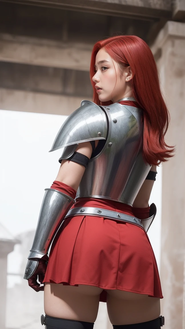 ((A red-haired warrior, from behind, wearing a short skirt on the ass, showing the ass, shot from below, Using plate armor, Steel gauntlets, steel gloves and steel breastplate, Looking back, Wearing a skirt)), very detailed skirt, (She doesn&#39;t wear underwear, skirt showing big teddy, raunchy, Round ass, pussy showing, smooth pussy showing from below, (up skirt), wind lifting skirt, sexy possession), medieval fantasy, d&d, RPG, work of art, best qualityer, 8K, ultra realistic. The most desired girl in the world has transcendental beauty, with expressive eyes, clear green eyes, arched eyebrows, sensual lips and radiant skin. Your facial structure is symmetrically perfect, with delicately sculpted cheekbones and a refined chin.