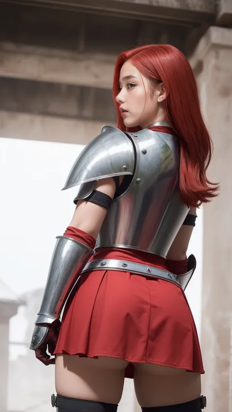 ((a red-haired warrior, from behind, wearing a short skirt on the ass, showing the ass, shot from below, using plate armor, stee...