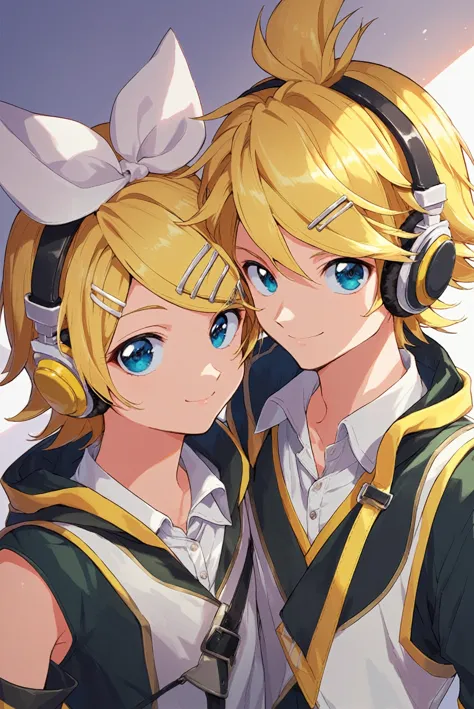 kagamine rin,1girl,kagamine len,1boy,blonde hair,short hair,looking at viewer,twins,detached sleeves,brother and sister,headphon...