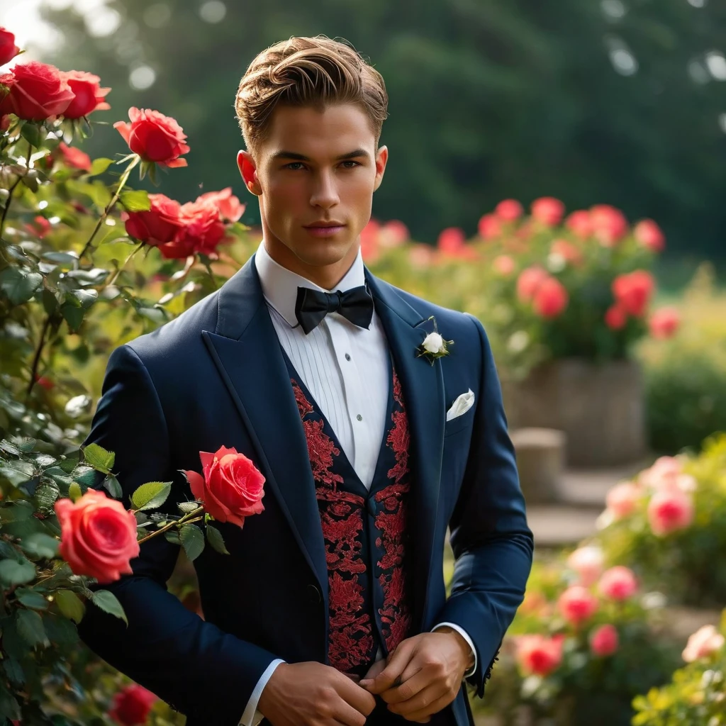 Create an image of a young man inspired by the characteristics of the rose 'The Prince.' He standing with a relaxed yet confident posture, against a red rose bush. wear a Jockstrap deep rich dark red-purple color, thick bulge focus, with Victorian-inspired robe adorned with intricate embroidery and subtle thorn-like details on his accessories. His attire should echo the complex, multi-petaled structure of the rose, with layers and textures that add depth to his appearance. The composition should center on the young man, with a slight off-center placement to draw the eye towards him while still incorporating of garden background. The lighting should be soft and diffused, with golden-hour sunlight filtering through the leaves, creating a warm, inviting atmosphere. Use a shallow depth of field to keep the focus on the subject while gently blurring the background, enhancing the dreamy, almost ethereal quality of the scene. The environment should be a well-tended garden, with glossy green leaves and blooming roses that match the man's attire, creating a harmonious blend between the subject and his surroundings. The atmosphere should be serene and regal, with a hint of mystery and romance. Photography techniques should include a low-angle shot to emphasize the young man's stature and elegance, and a slight tilt to add a dynamic element to the composition. Use a full-frame DSLR or mirrorless camera, such as a Canon EOS R7 paired with a prime lens like an 85mm f/1.4 to achieve a beautiful bokeh effect and sharp subject focus. by Tim Walker known for his fantastical and richly detailed fashion photography, which often features elements of nature and a dreamlike Hight quality.