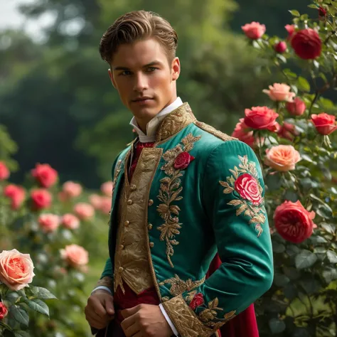 Create an image of a young man inspired by the characteristics of the rose 'The Prince.' He standing with a relaxed yet confiden...