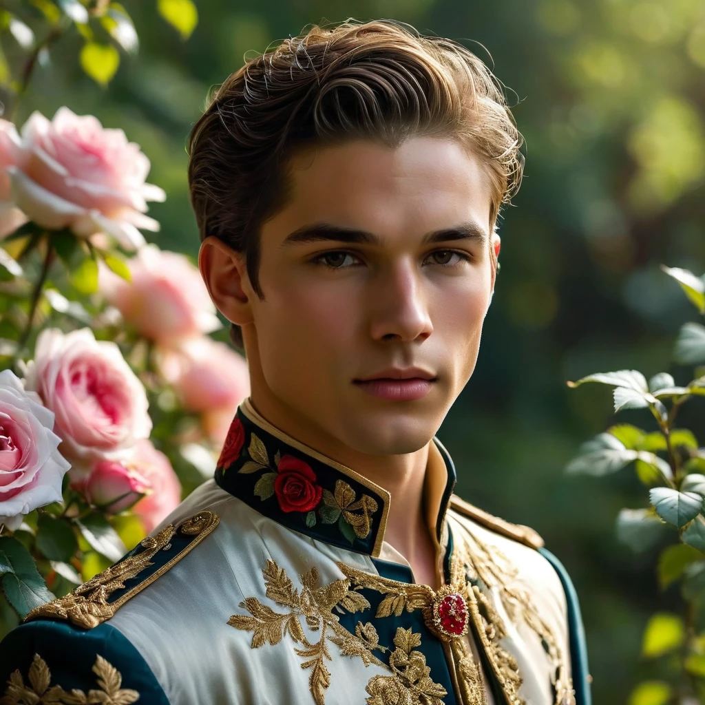 Create an image of a young man inspired by the characteristics of the rose 'The Prince.' He standing with a relaxed yet confident posture, against a red rose bush. wear a Jockstrap deep rich dark red-purple color, thick bulge focus, with Victorian-inspired robe adorned with intricate embroidery and subtle thorn-like details on his accessories. His attire should echo the complex, multi-petaled structure of the rose, with layers and textures that add depth to his appearance. The composition should center on the young man, with a slight off-center placement to draw the eye towards him while still incorporating of garden background. The lighting should be soft and diffused, with golden-hour sunlight filtering through the leaves, creating a warm, inviting atmosphere. Use a shallow depth of field to keep the focus on the subject while gently blurring the background, enhancing the dreamy, almost ethereal quality of the scene. The environment should be a well-tended garden, with glossy green leaves and blooming roses that match the man's attire, creating a harmonious blend between the subject and his surroundings. The atmosphere should be serene and regal, with a hint of mystery and romance. Photography techniques should include a low-angle shot to emphasize the young man's stature and elegance, and a slight tilt to add a dynamic element to the composition. Use a full-frame DSLR or mirrorless camera, such as a Canon EOS R7 paired with a prime lens like an 85mm f/1.4 to achieve a beautiful bokeh effect and sharp subject focus. by Tim Walker known for his fantastical and richly detailed fashion photography, which often features elements of nature and a dreamlike Hight quality.