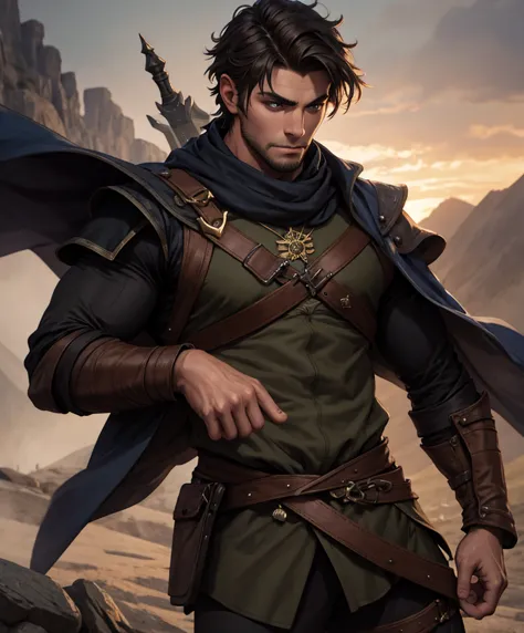 (((single character image.))) (((1boy))) (((dressed in medieval fantasy attire.)))  (((generate a darkly handsome male character...