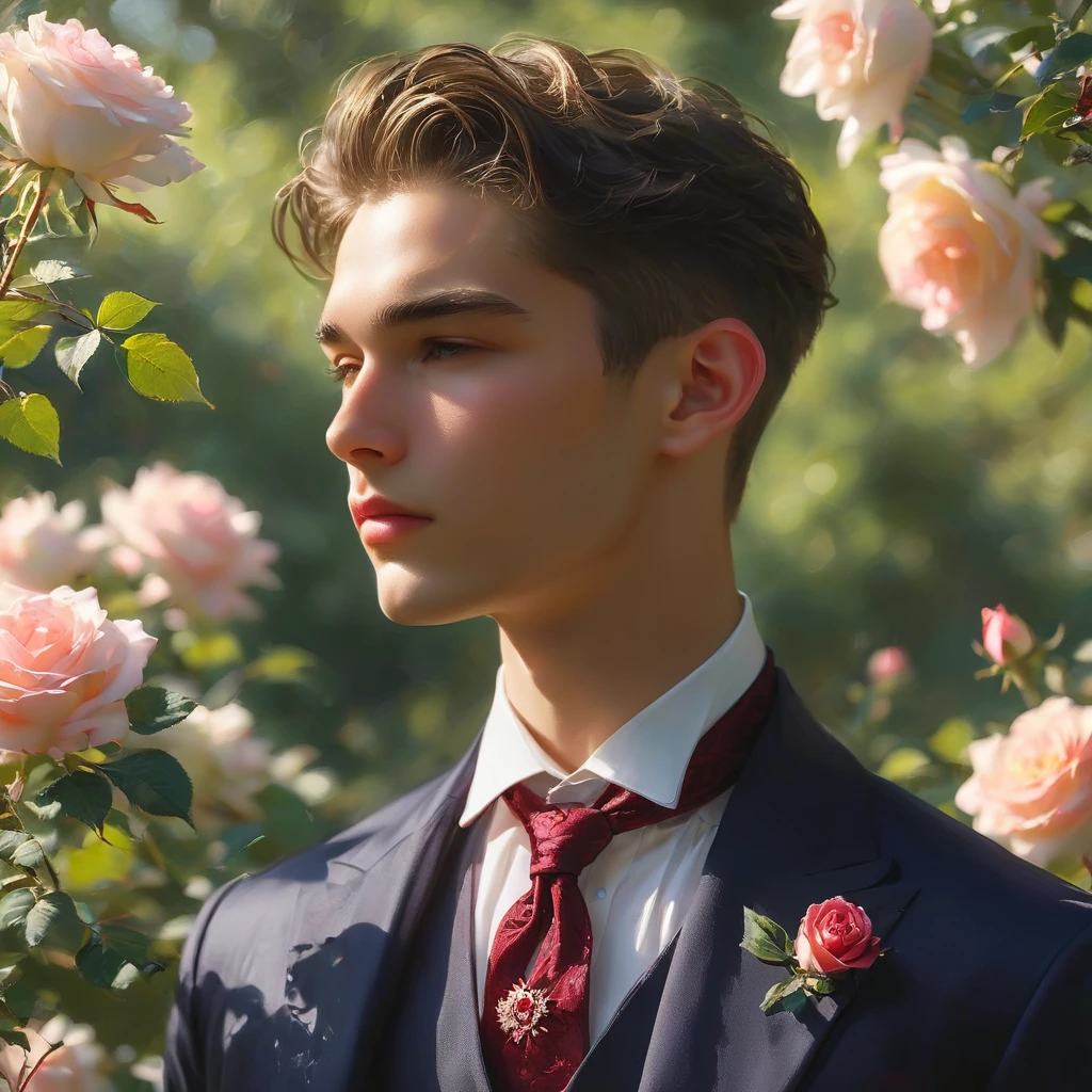 Create an image of a young man inspired by the characteristics of the rose 'The Prince.' He standing with a relaxed yet confident posture, against a red rose bush. wear a Jockstrap deep rich dark red-purple color, thick bulge focus, with Victorian-inspired robe adorned with intricate embroidery and subtle thorn-like details on his accessories. His attire should echo the complex, multi-petaled structure of the rose, with layers and textures that add depth to his appearance. The composition should center on the young man, with a slight off-center placement to draw the eye towards him while still incorporating of garden background. The lighting should be soft and diffused, with golden-hour sunlight filtering through the leaves, creating a warm, inviting atmosphere. Use a shallow depth of field to keep the focus on the subject while gently blurring the background, enhancing the dreamy, almost ethereal quality of the scene. The environment should be a well-tended garden, with glossy green leaves and blooming roses that match the man's attire, creating a harmonious blend between the subject and his surroundings. The atmosphere should be serene and regal, with a hint of mystery and romance. Photography techniques should include a low-angle shot to emphasize the young man's stature and elegance, and a slight tilt to add a dynamic element to the composition. Use a full-frame DSLR or mirrorless camera, such as a Canon EOS R7 paired with a prime lens like an 85mm f/1.4 to achieve a beautiful bokeh effect and sharp subject focus. by Tim Walker known for his fantastical and richly detailed fashion photography, which often features elements of nature and a dreamlike Hight quality.