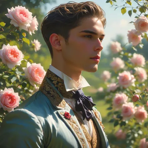 Create an image of a young man inspired by the characteristics of the rose 'The Prince.' He standing with a relaxed yet confiden...