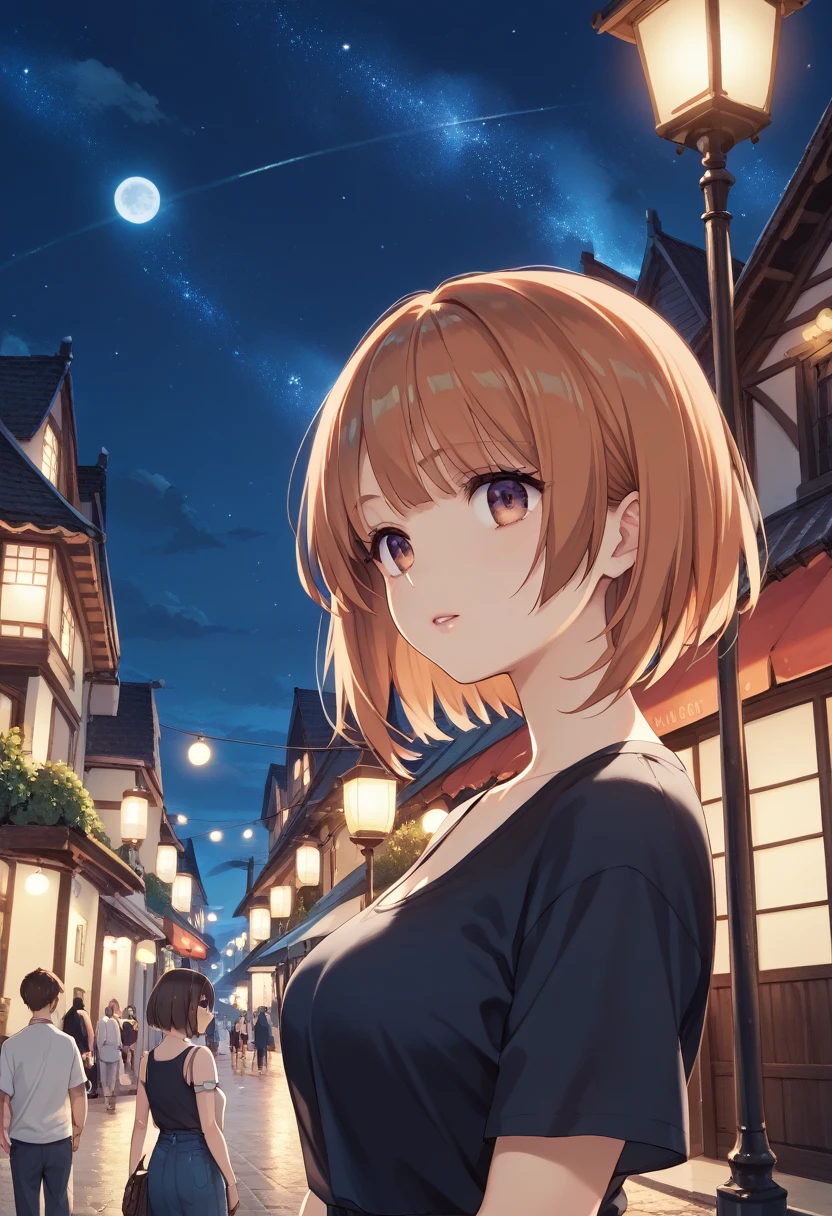 masterpiece,best quality,nsfw, Girls＆tank、Miho Nishizumi、17 years old、Short Hair,Droopy eyes、brownEye、An open terrace with a beautiful night view、Date