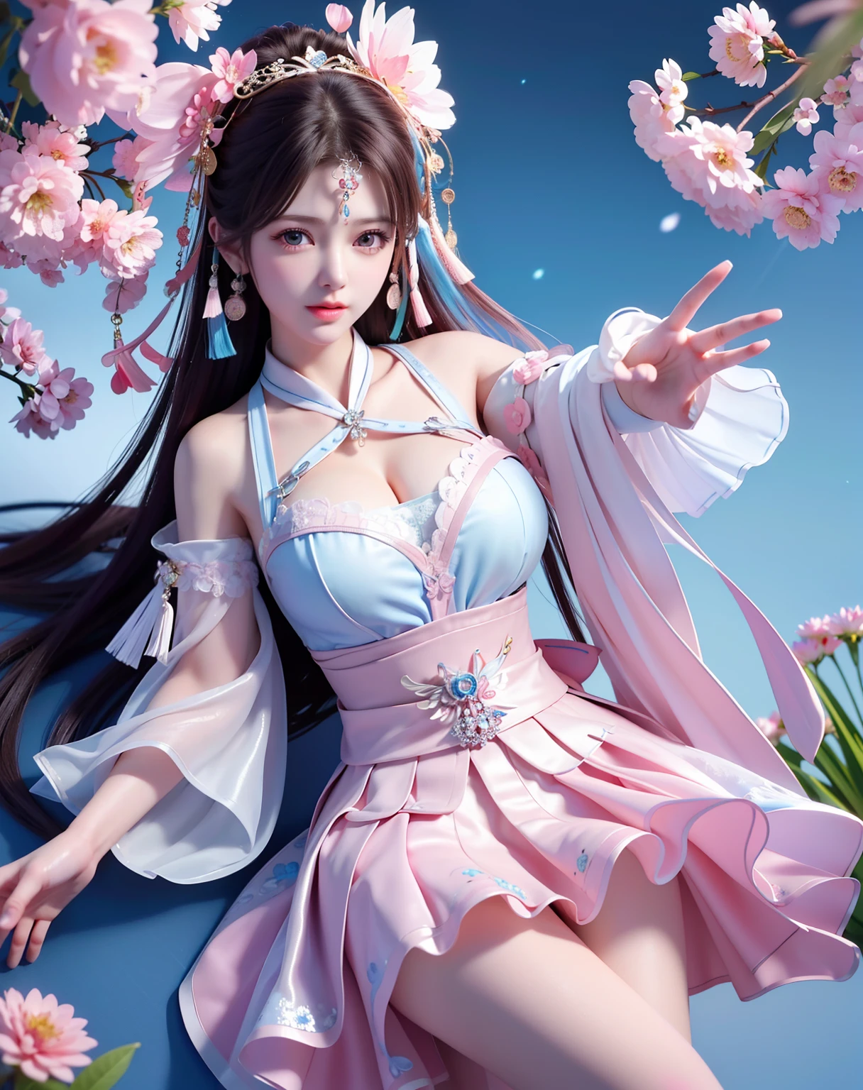 (8k, RAW photo:1.2), best quality, ultra high res,dramatic angle,(fluttered detailed color splashs), (illustration),(((1 girl))),(long hair),(rain:0.9), (Headdress:1.4),There is an ancient palace beside the girl,Hanfu,(Key Points),Color ink painting,(Splash of Color),Splash of Color,(((colorful))),(sketch:0.8) , Masterpiece, best quality, beautiful painted, highly detailed,(denoising:0.6),[splash ink],((ink refraction)), (beautiful detailed sky),moon,highly,detaild,(masterpiece, best quality, extremely detailed） CG Unity 8k Wallpaper，masterpiece，best quality，Ultra Detailed），（Lycoris）.shoulder ballet dress open V-chested clothes Thin silk lace dress short skirt , (huge ，cleavage),, white pink, blue ，best qualtiy，tmasterpiece，Ultra-high resolution，（Reality：1.4），RAW photogr，（True skin texture：1.3），（filmgrain：1.3），（Selfie angle），1个Giant Breast Girl，Beautiful eye and face details，tmasterpiece，Best quality at best，，The chest more exposed， detailed hair, bra pink , detail 8k, full body, lace petticoat. lying on bed