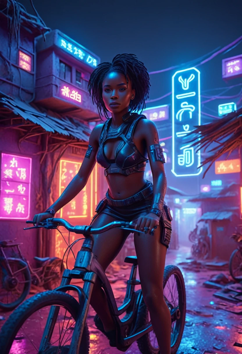 African woman riding a sci-fi bicycle in a futuristic cyberpunk African village, night time with neon lit buildings and futuristic clay huts creating a cinematic lighting, 32k, ultra HD, unreal engine rendered, highly detailed images 