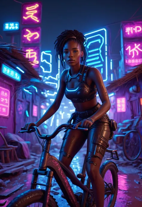 african woman riding a sci-fi bicycle in a futuristic cyberpunk african village, night time with neon lit buildings and futurist...